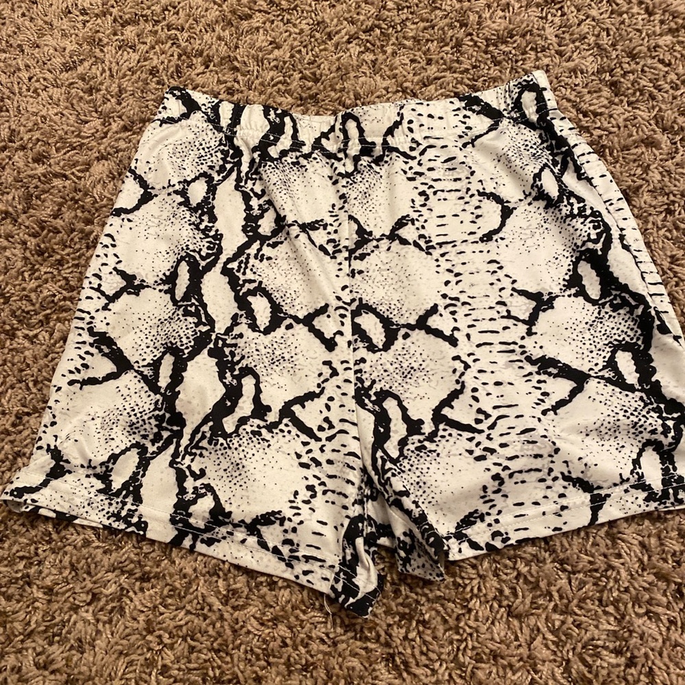 Fake, snakeskin shorts: very stretchy but kind of thin.